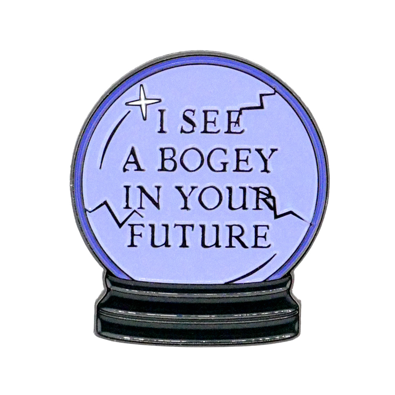 The I See A Bogey Crystal Ball Ball Marker by Ballmarkers.com features a purple cracked crystal ball with "I SEE A BOGEY IN YOUR FUTURE" inside, resting on a black base.