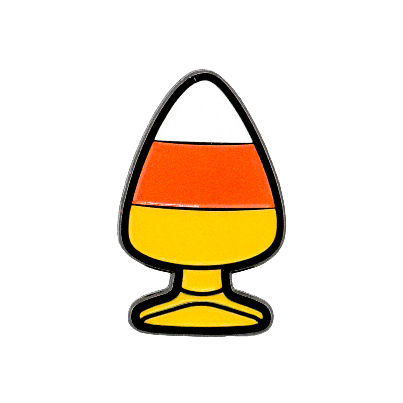 The Logie Joe's Golf Candy Corn Plug Ball Marker features a stylized illustration of classic candy corn with white, orange, and yellow layers outlined in black on a yellow pedestal against a white background.