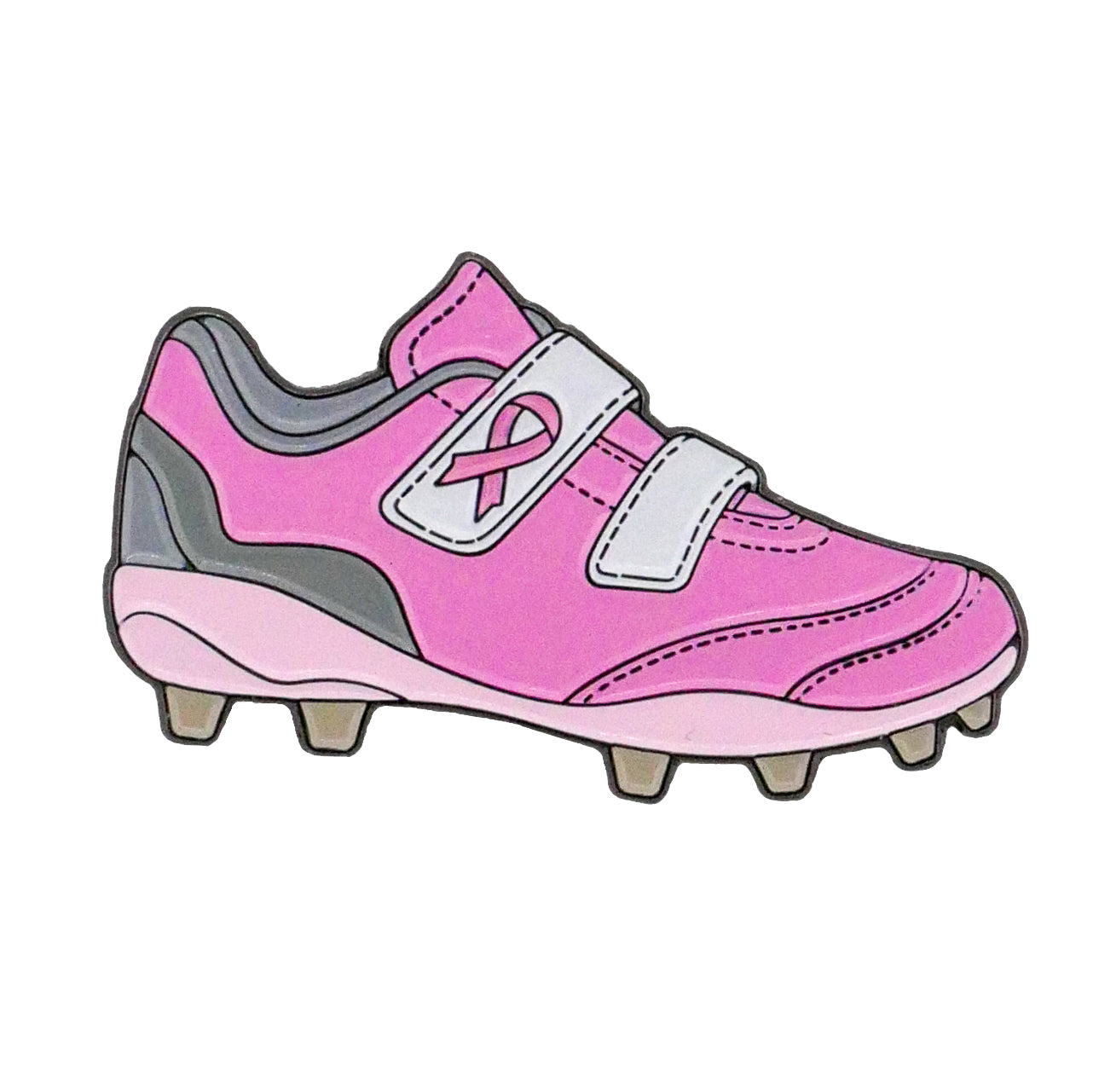 The Ballmarkers.com My Cleat, My Cause - Breast Cancer Ball Marker features a pink design with white Velcro straps, gray accents, a pink breast cancer ribbon on the side, and tan studs on the sole.