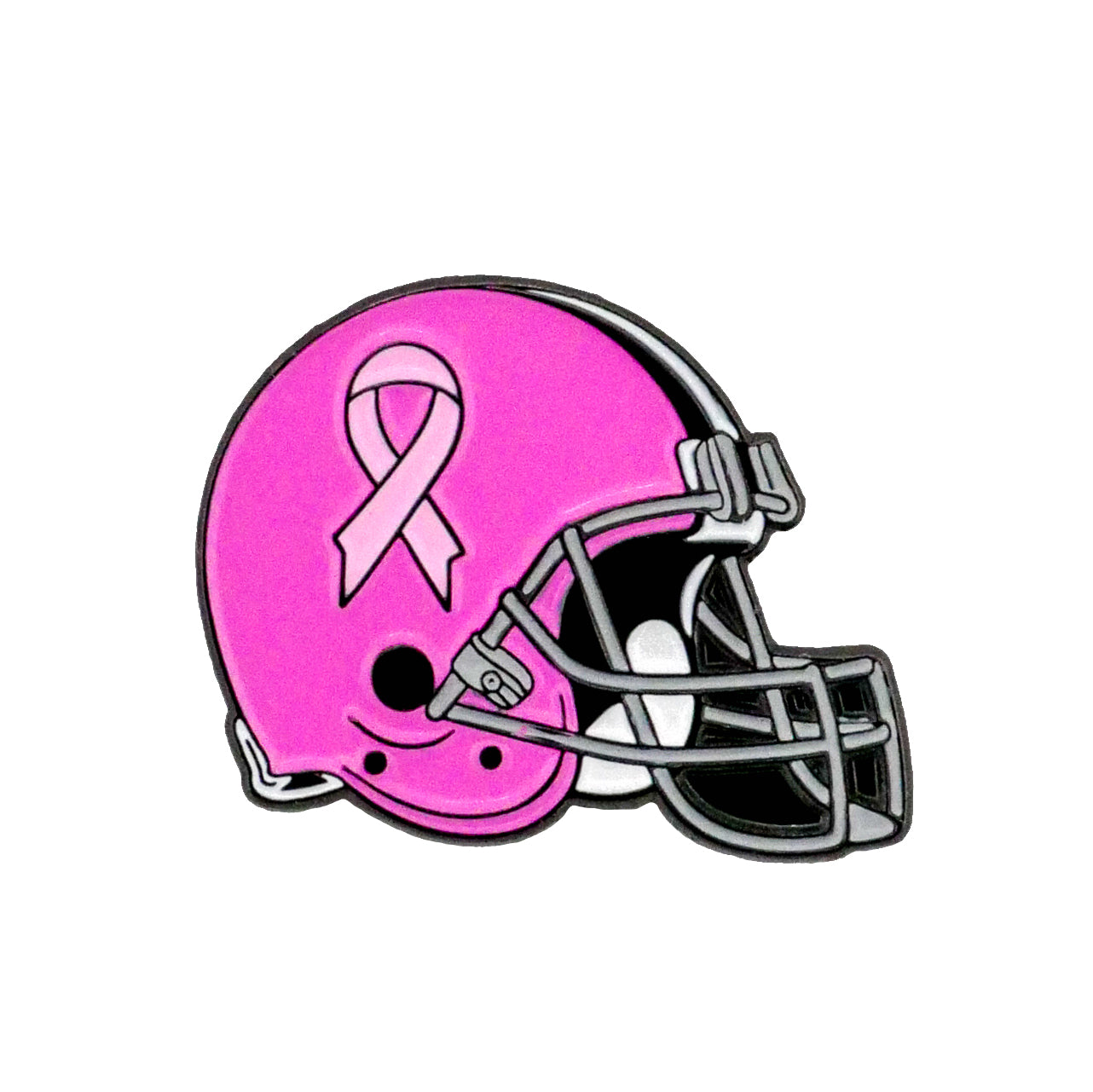 The Football Helmet - Breast Cancer Ball Marker by Ballmarkers.com features a pink helmet with a black faceguard and a pink awareness ribbon on the side, symbolizing breast cancer awareness.