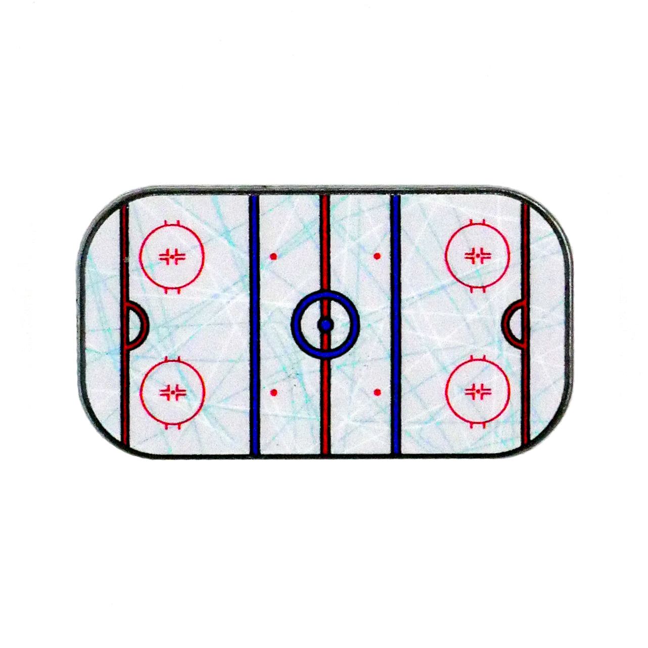 The Ballmarkers.com Hockey Rink Ball Marker features a simple illustration of an ice hockey rink with blue and red lines, faceoff circles, and a central faceoff circle on a white background.