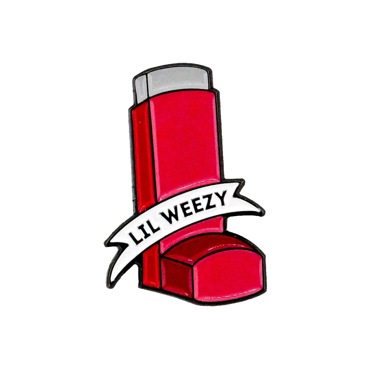 The Lil Weezy Ball Marker from Ballmarkers.com features a cartoon-style red asthma inhaler with a white "LIL WEEZY" banner on it, set against a plain white background.