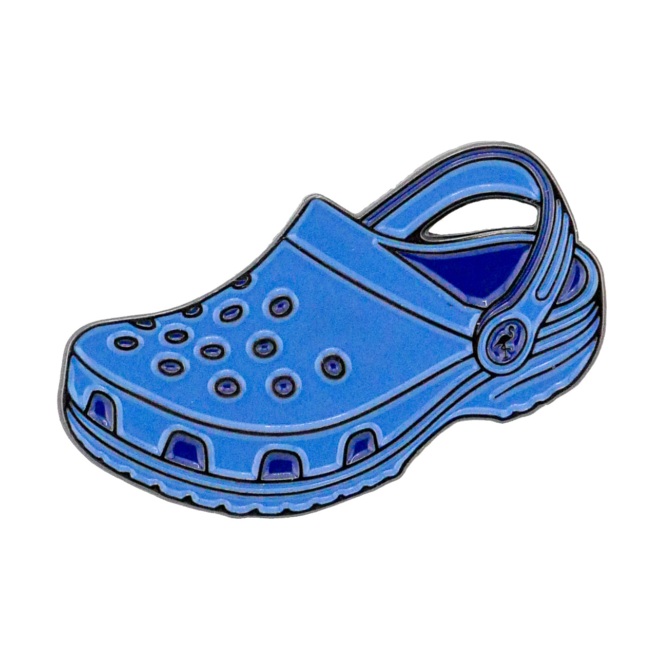 The Rubber Clog Ball Marker by Ballmarkers.com is a blue rubber clog-shaped accessory with ventilation holes and an adjustable heel strap, displayed on a white background.