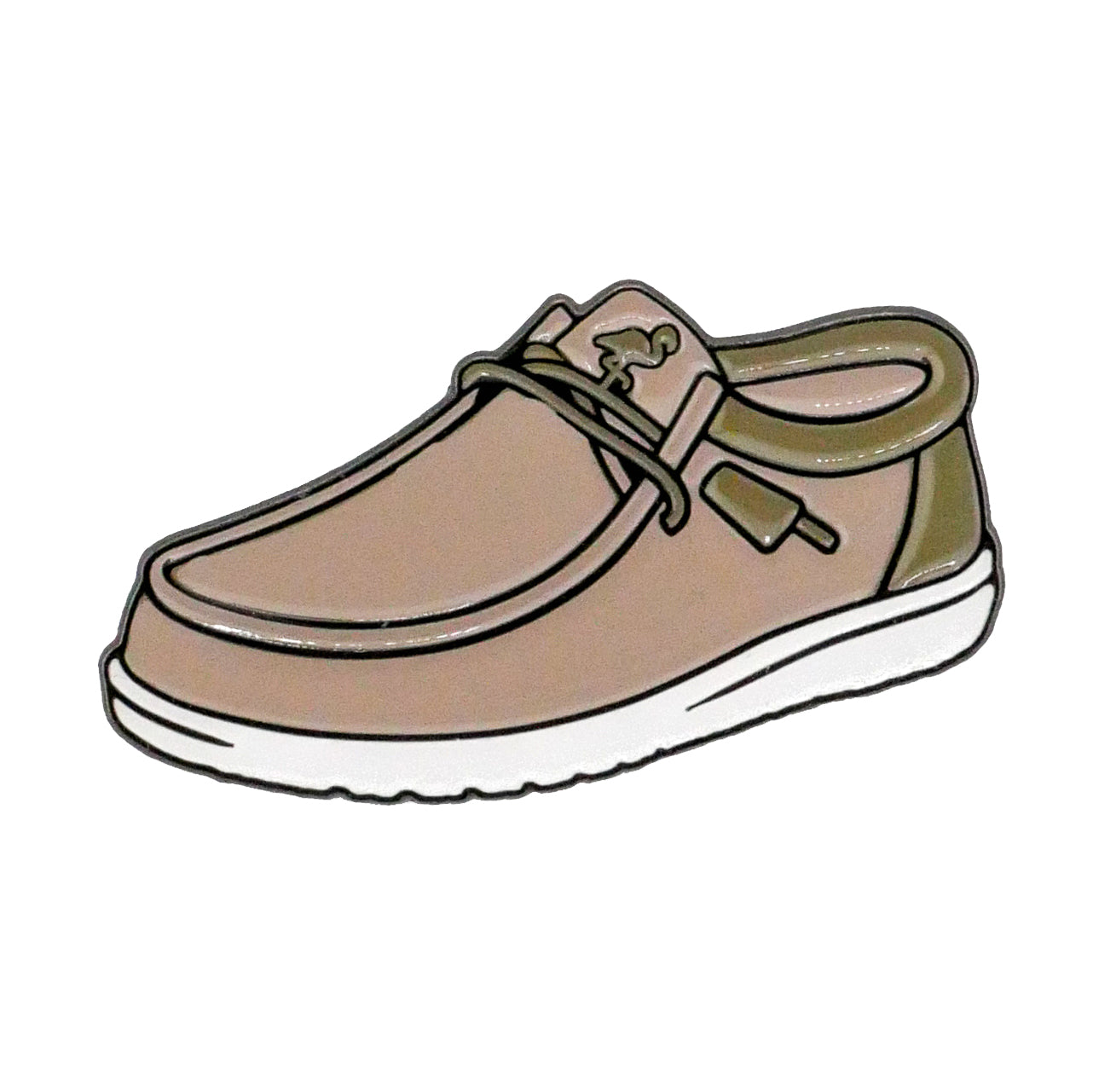 The Yo Guy Slip-On Loafer Ball Marker by Ballmarkers.com is a beige and olive green casual low-profile slip-on with a white sole and lace detail, displayed on a plain white background.