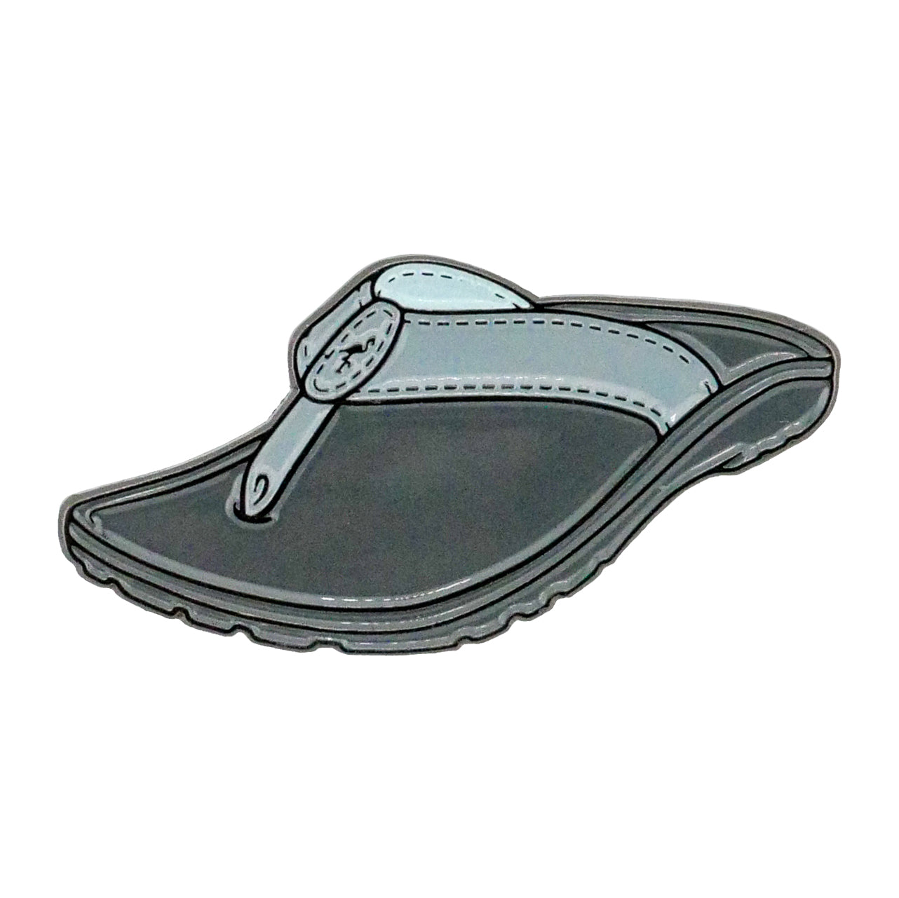 The Ballmarkers.com Flip-Flop Sandal Ball Marker features a gray and black design with a thick sole and round strap detail, displayed against a white background.