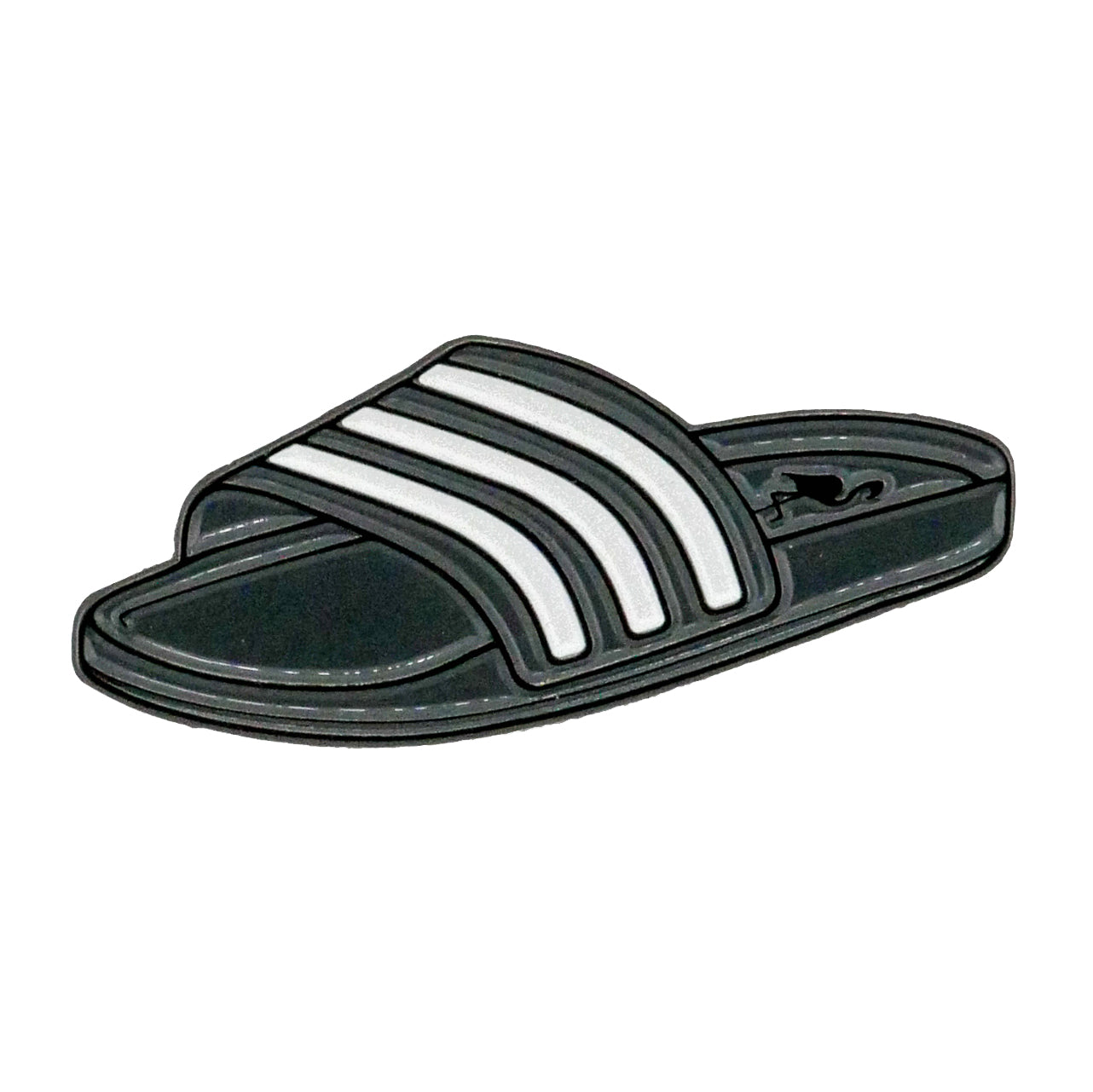 The Slide Sandal Ball Marker by Ballmarkers.com is a black sandal-shaped marker with a thick strap featuring three white parallel stripes, shown from the side.