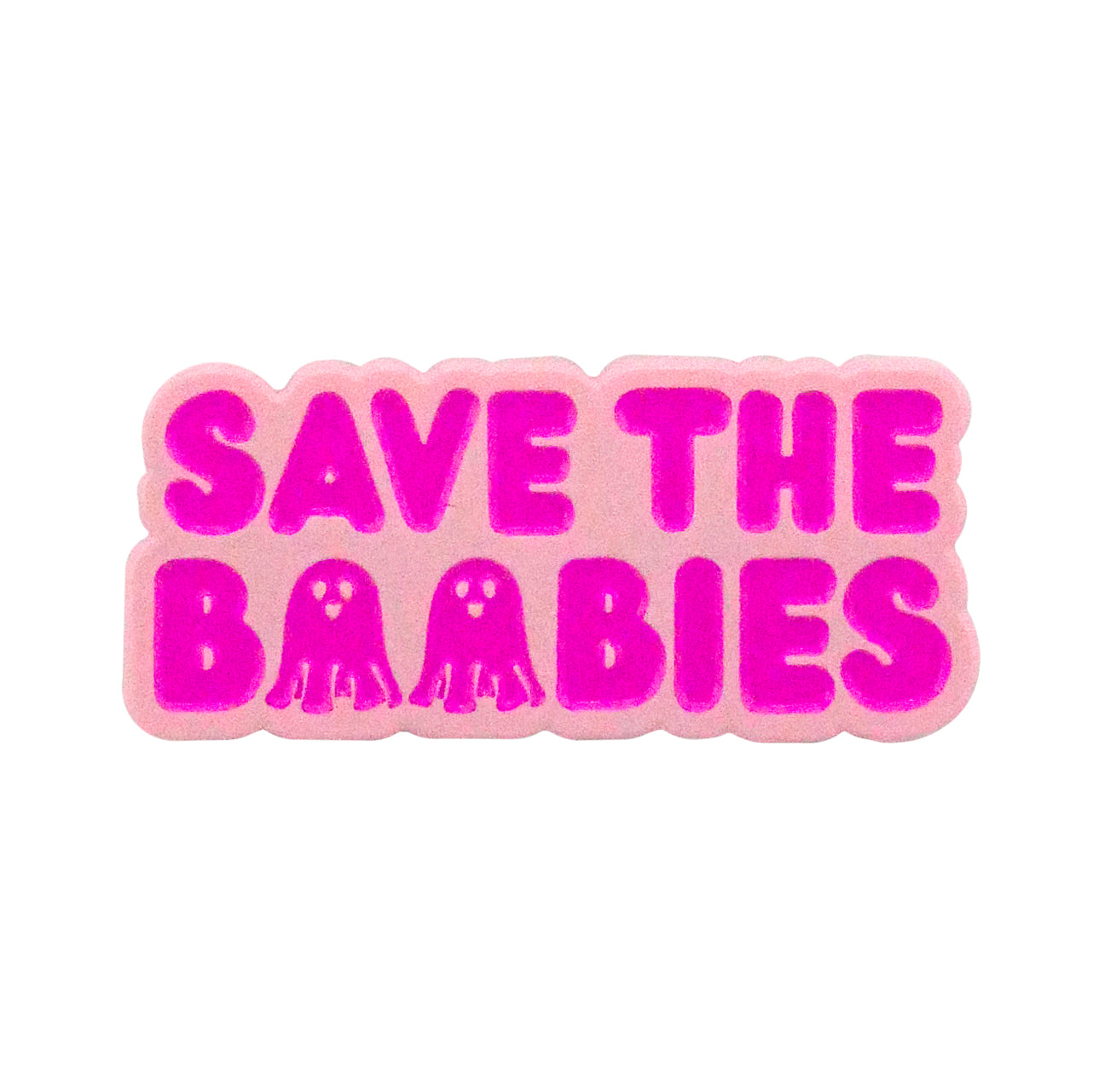 A pink Save The Boobies Ball Marker from Ballmarkers.com features bold bright pink text, with the O’s in “Boobies” designed as jellyfish with eyes.