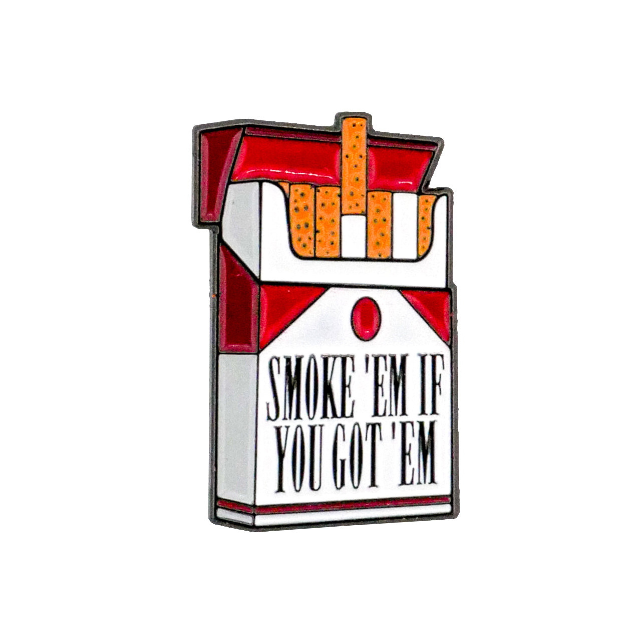 The Cigarette Pack Ball Marker by Ballmarkers.com is a white and red pin shaped like an open cigarette pack with fries inside, featuring “SMOKE EM IF YOU GOT EM”—a playful touch for any golf game or casual outing.