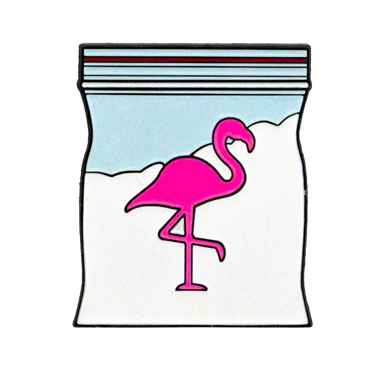 The Snowcane Baggie Ball Marker by Logie Joe's Golf is a cartoon-style golf accessory resembling a clear bag of white powder with a pink flamingo, perfect as a fun novelty gift or unique cocaine-themed ball marker.