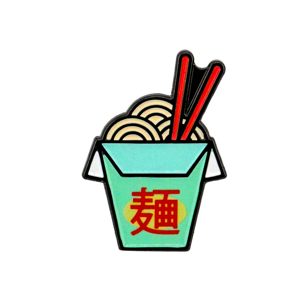 The Chinese Take-Out Ball Marker by Logie Joe's Golf features a cartoon-style teal takeout box filled with noodles, red and black chopsticks, and a red Chinese character on the front, set against a white background.