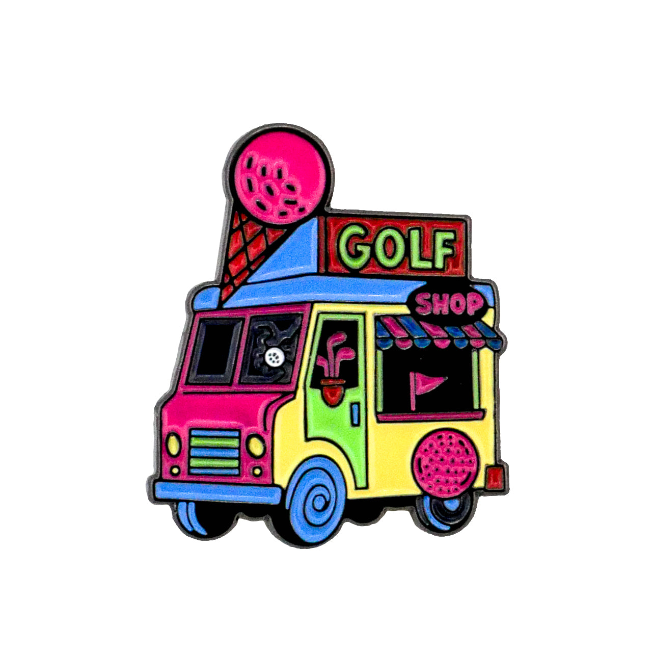 The Golf Cream Truck Ball Marker by Ballmarkers.com features a colorful cartoon ice cream truck decorated in pink, yellow, and blue with "GOLF SHOP" on the sign and a large pink golf ball resembling an ice cream cone on top.