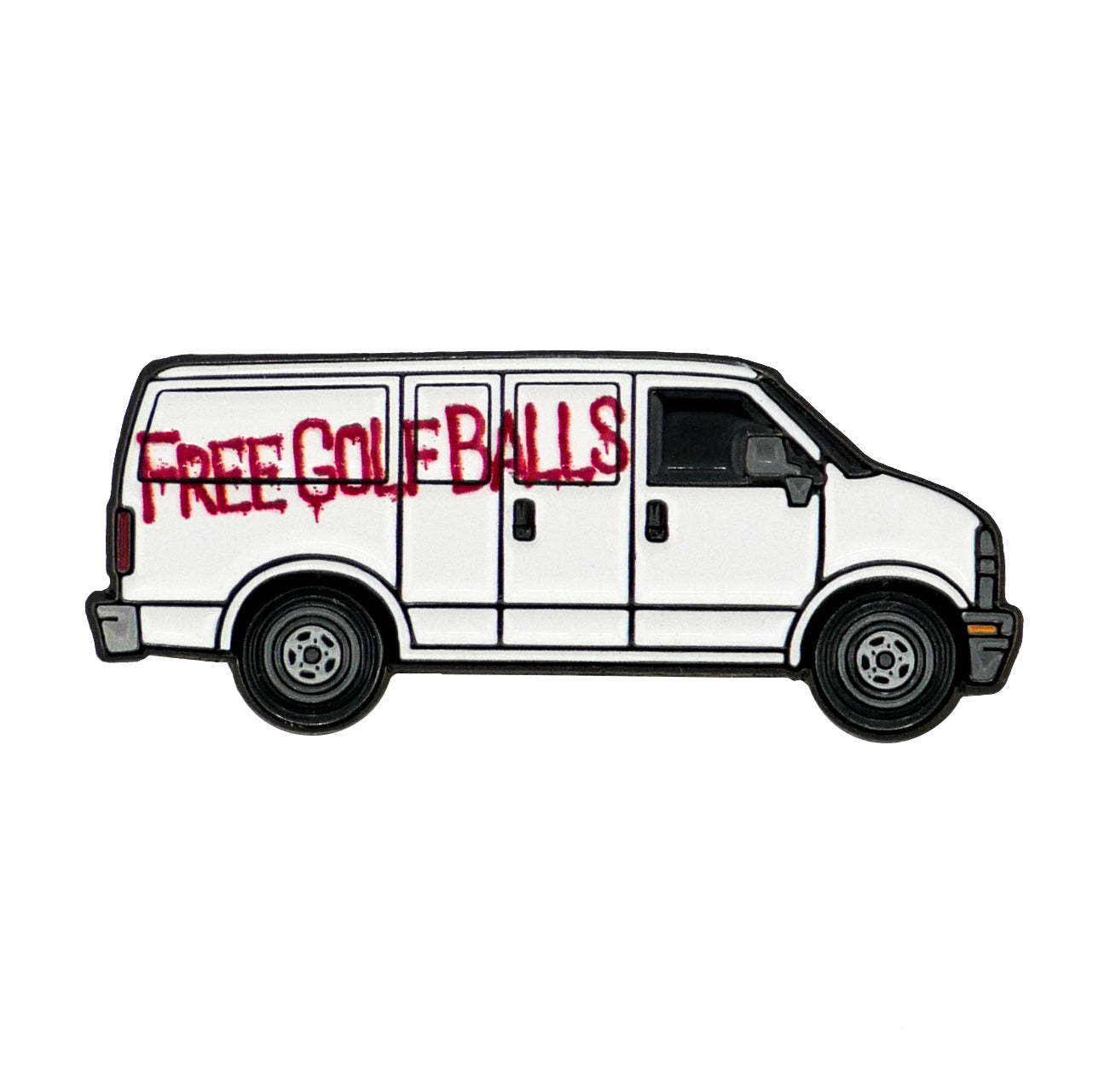 The Logie Joe's Golf Free Golf Ball Van Ball Marker features a white van with "FREE GOLF BALLS" spray-painted in red on the side, set against a plain white background.