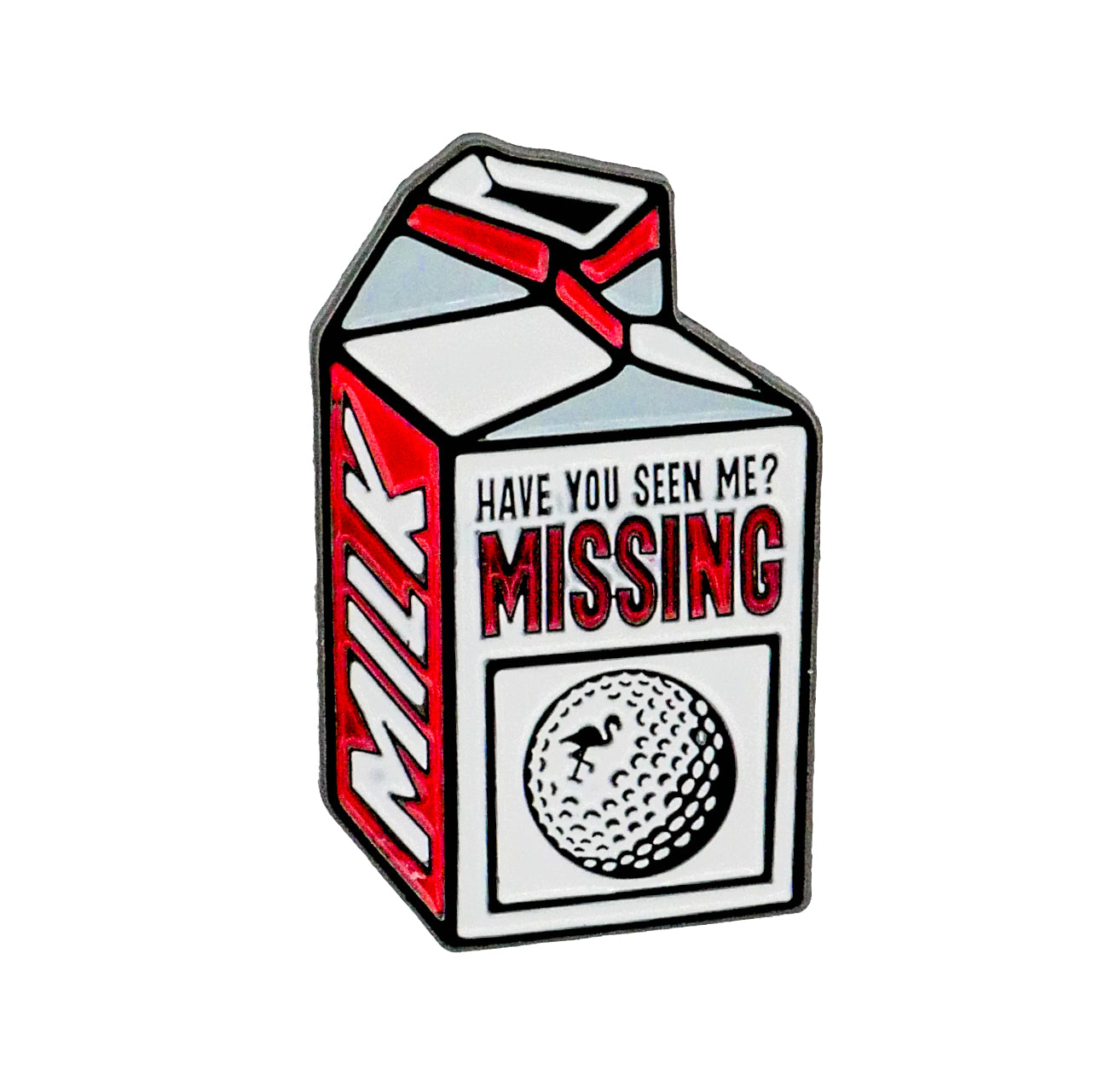 Logie Joe's Golf Milk Carton "Missing Ball" Ball Marker: A cartoon milk carton with "MILK" on the side and "MISSING BALL ALERT?" above a golf ball image, referencing missing person ads.