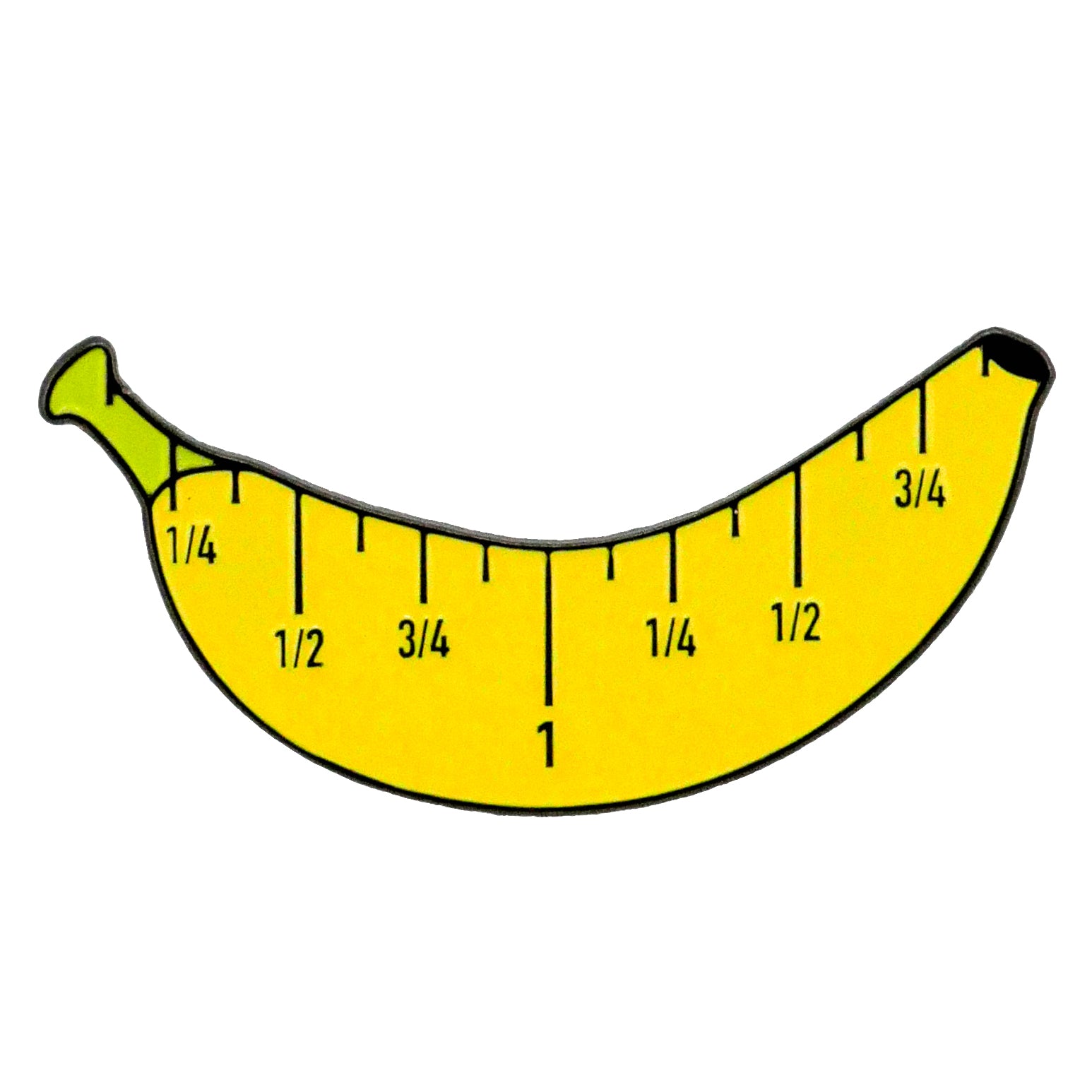 Logie Joe's Golf Banana For Scale Ball Marker: A whimsical yellow banana-shaped marker featuring black measurement lines and fractions labeled from 1/4 to 1, creatively resembling a curved ruler for a fun nod to the classic "banana for scale" meme.