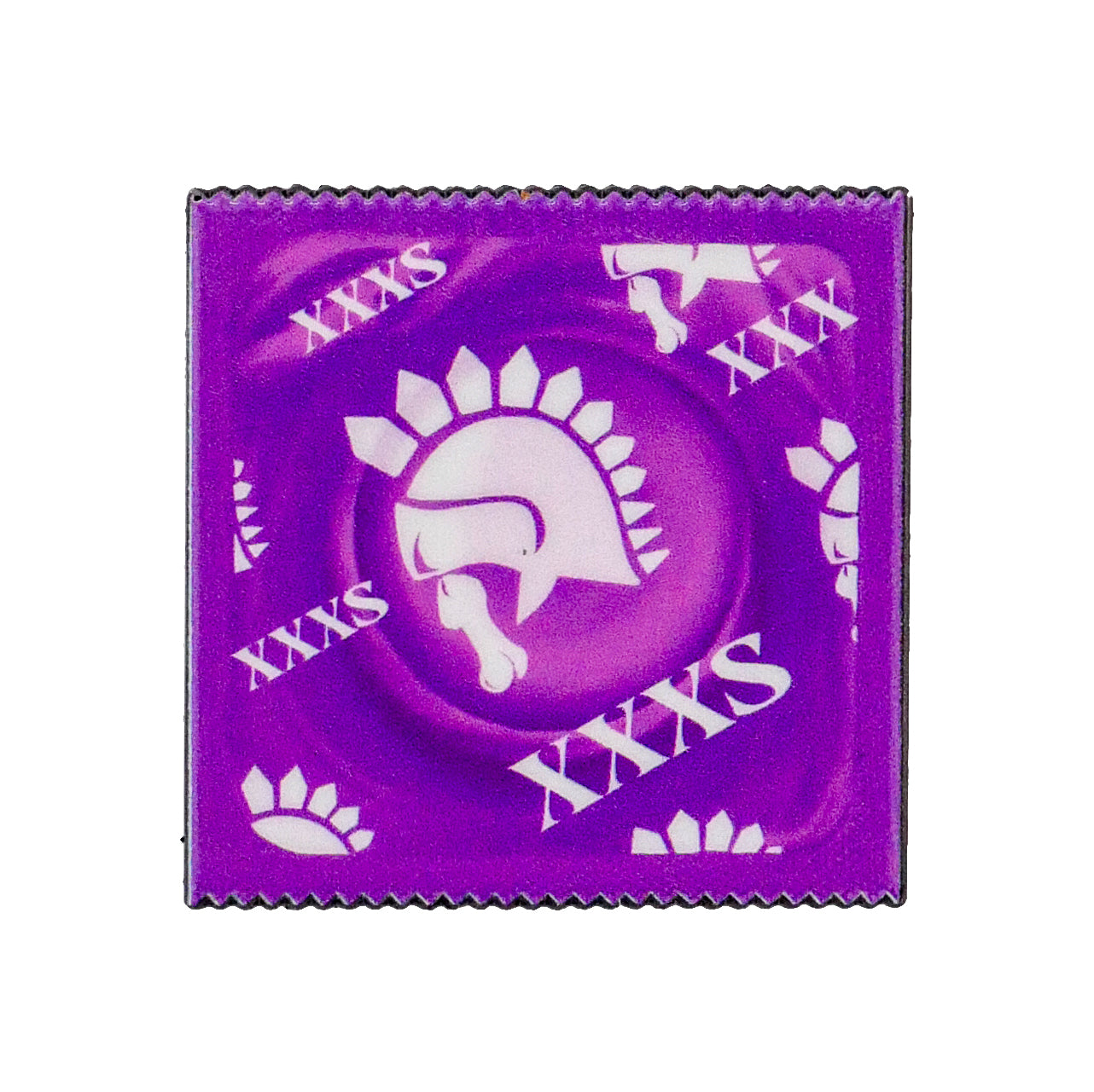 The XXXS Condom Ball Marker by Ballmarkers.com features a purple wrapper with a white Spartan helmet and "XXXS" repeated, highlighting the importance of proper sizing to prevent lip outs.