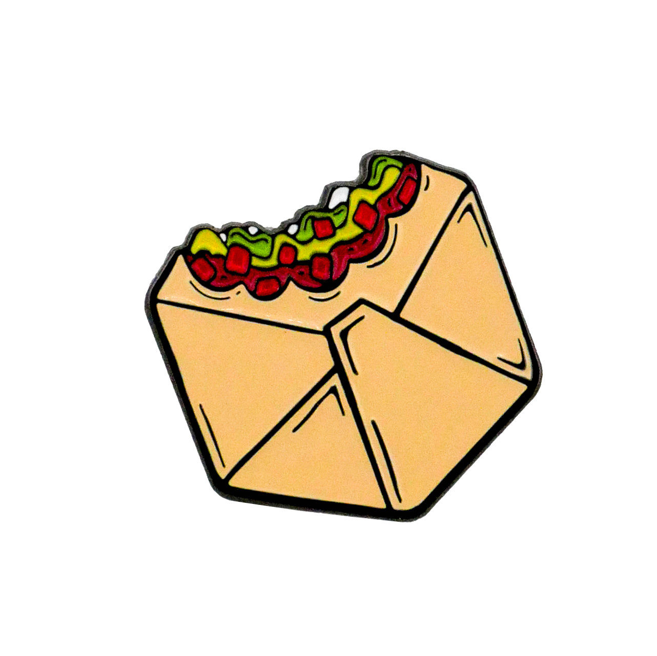 A stylized illustration of Logie Joe's Golf Crunchy Taco Wrap Ball Marker features an envelope-shaped design with a bite taken out, showing a filling resembling lettuce, tomato, and other sandwich ingredients.