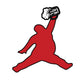 The ChunkMan Ball Marker by Grunk Dolfer features a red silhouette, Air Jordan-inspired and holding a frothy beer mug—making it a unique, humorous golf gift or accessory with its magnetic hat clip.