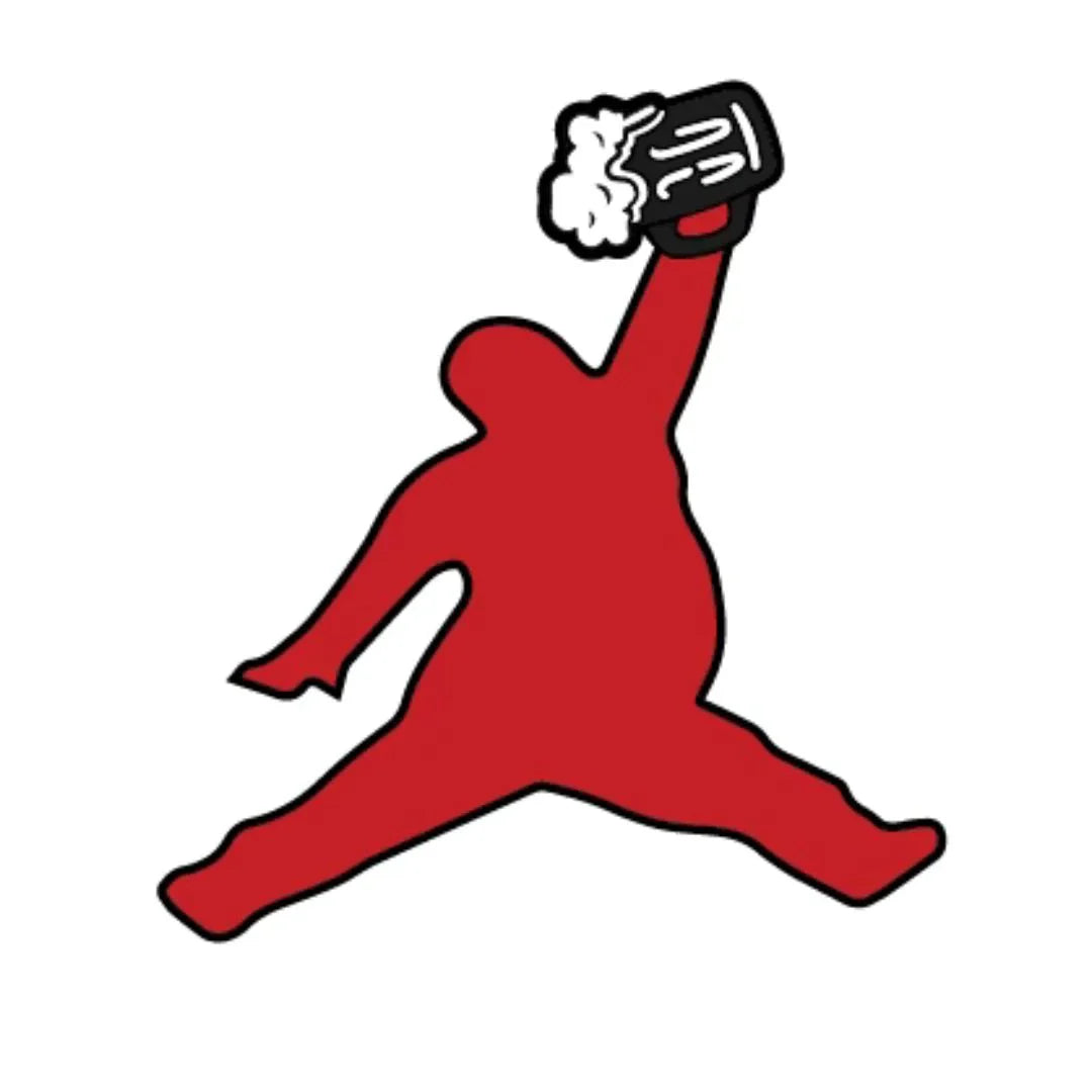 The ChunkMan Ball Marker by Grunk Dolfer features a red silhouette, Air Jordan-inspired and holding a frothy beer mug—making it a unique, humorous golf gift or accessory with its magnetic hat clip.