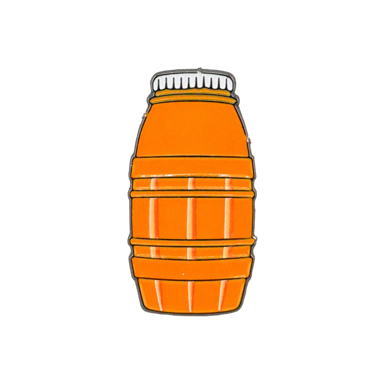 The Juice Barrel Ball Marker by Ballmarkers.com features an orange wooden barrel design with white cap, detailed with horizontal and vertical lines—evoking nostalgic summer juice boxes—set on a plain white background.
