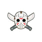 The Mask & Machetes Ball Marker from Ballmarkers.com features a white hockey mask with black eye holes and red markings centered over two crossed machetes on a plain white background.
