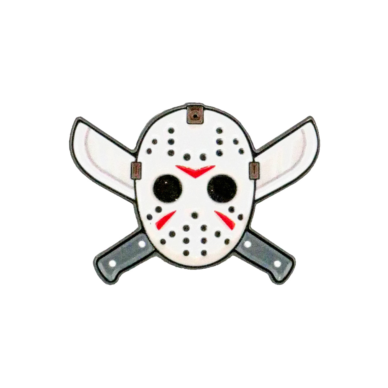 The Mask & Machetes Ball Marker from Ballmarkers.com features a white hockey mask with black eye holes and red markings centered over two crossed machetes on a plain white background.