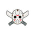 The Mask & Machetes Ball Marker from Ballmarkers.com features a white hockey mask with black eye holes and red markings centered over two crossed machetes on a plain white background.