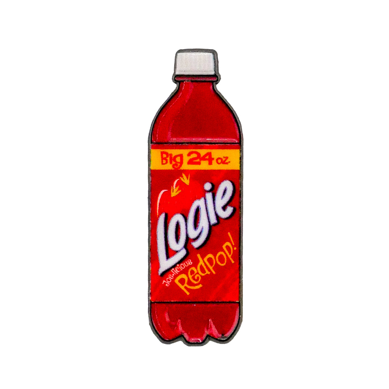 Illustration of a red Redpop Ball Marker by Logie Joe's Golf, styled like a classic soda bottle with a white cap and label, set against a plain white background.