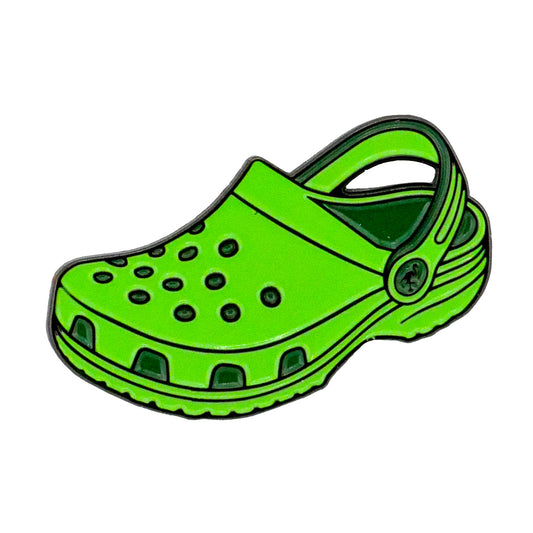 The Ballmarkers.com Rubber Clog Ball Marker is a bright green, Crocs-style shoe accessory with ventilation holes and a back strap, displayed on a white background.