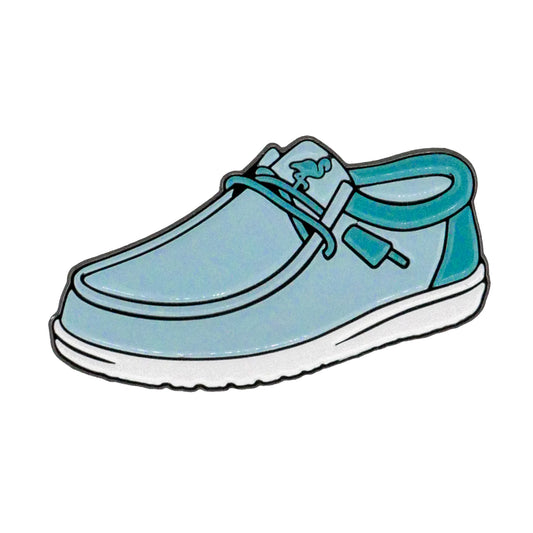 Illustration of the Yo Guy Slip-On Loafer Ball Marker by Ballmarkers.com, featuring a casual light blue loafer design with white sole, visible stitching, laces, and dark blue accents on the heel and collar.
