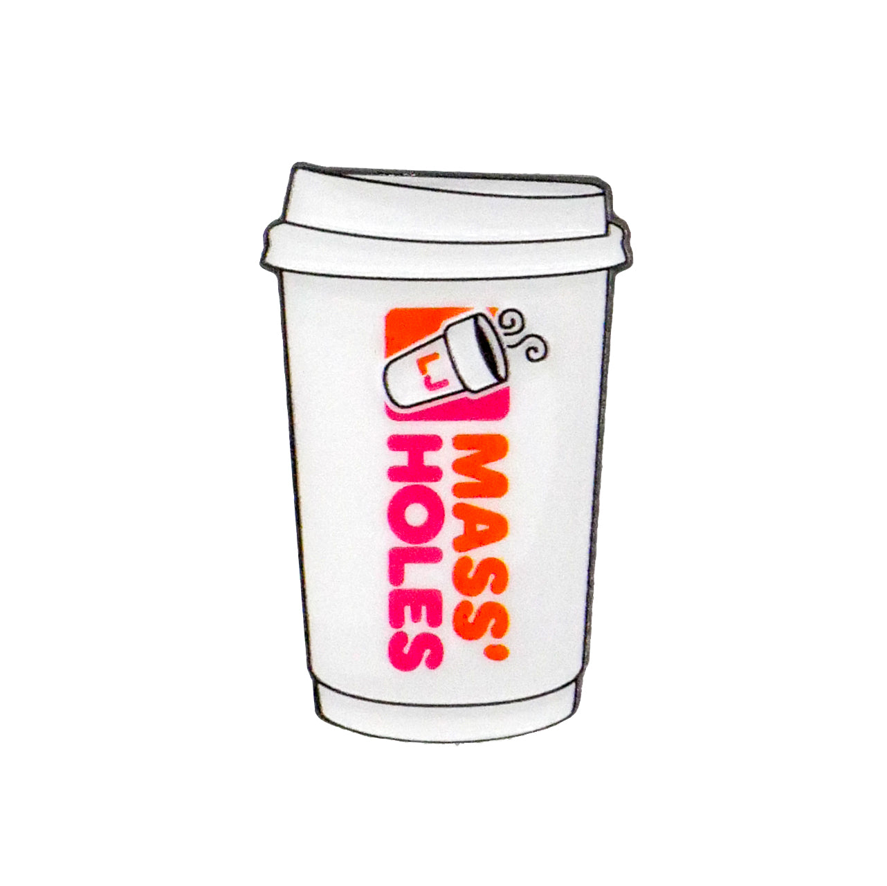 The Mass Holes Coffee Ball Marker by Logie Joe's Golf resembles a white to-go coffee cup with a plastic lid, featuring "MASS’ HOLES" in orange and pink letters and a steaming cup illustration above the text.