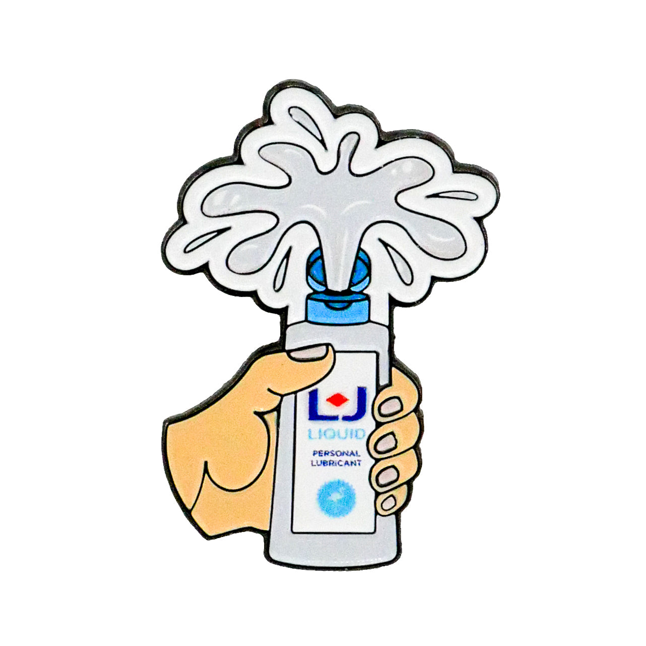 A hand holds a bottle labeled Logie Joe's Golf Personal Lubricant Ball Marker, with liquid squirting out in large white splashes against a plain white background.
