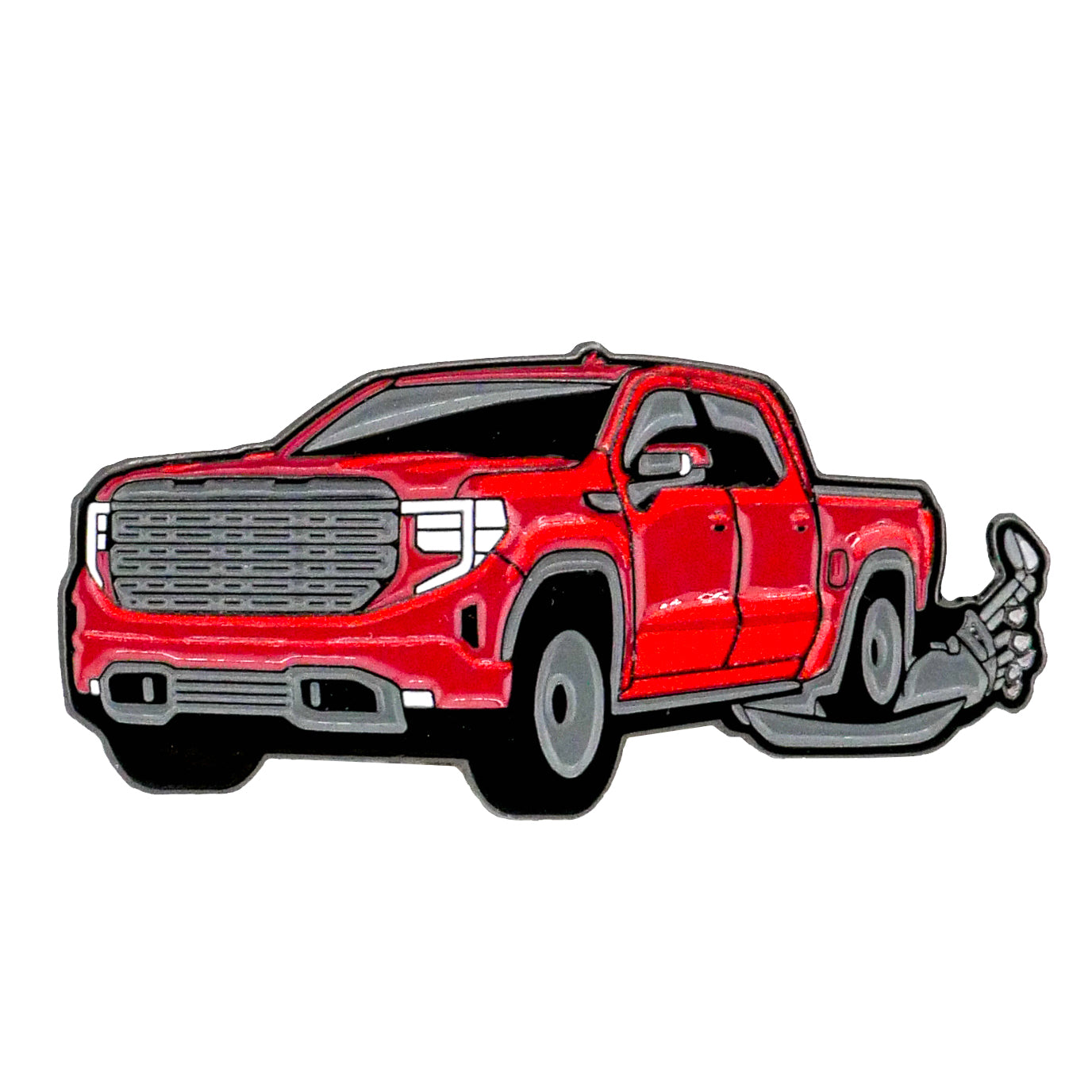 Logie Joe's Golf Truck Running Over Clubs Ball Marker features a cartoon red pickup with lowered suspension, big tires, and smoke effect behind the rear wheel, viewed from the front left angle.
