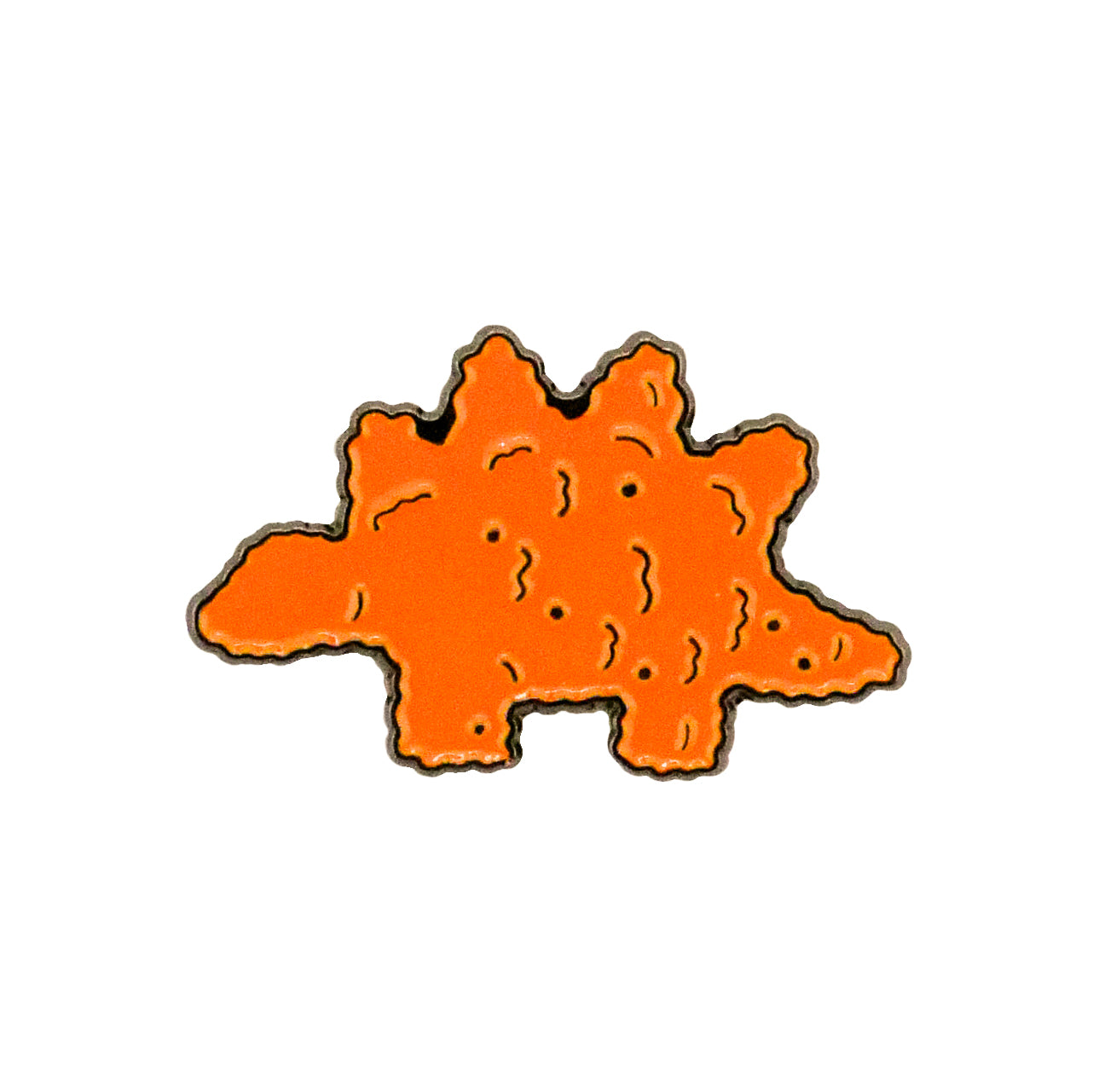 The Stegosaurus Dinosaur Nugget Ball Marker by Ballmarkers.com features an orange, cartoon-style dino with a bumpy texture and outlined design—ideal for fans of dinosaurs and dino nuggies.