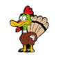 The Logie Joe's Golf Turducken Ball Marker features a cartoon turkey with a green head, yellow beak, red comb, and brown feathers, standing upright in yellow boots and sporting a surprised expression.