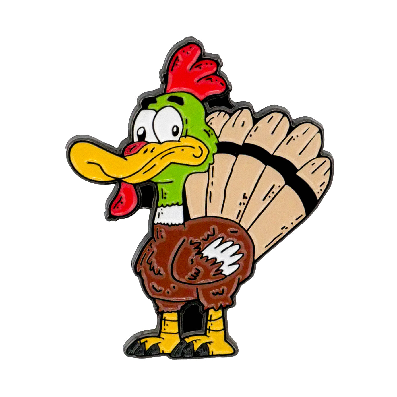 The Logie Joe's Golf Turducken Ball Marker features a cartoon turkey with a green head, yellow beak, red comb, and brown feathers, standing upright in yellow boots and sporting a surprised expression.