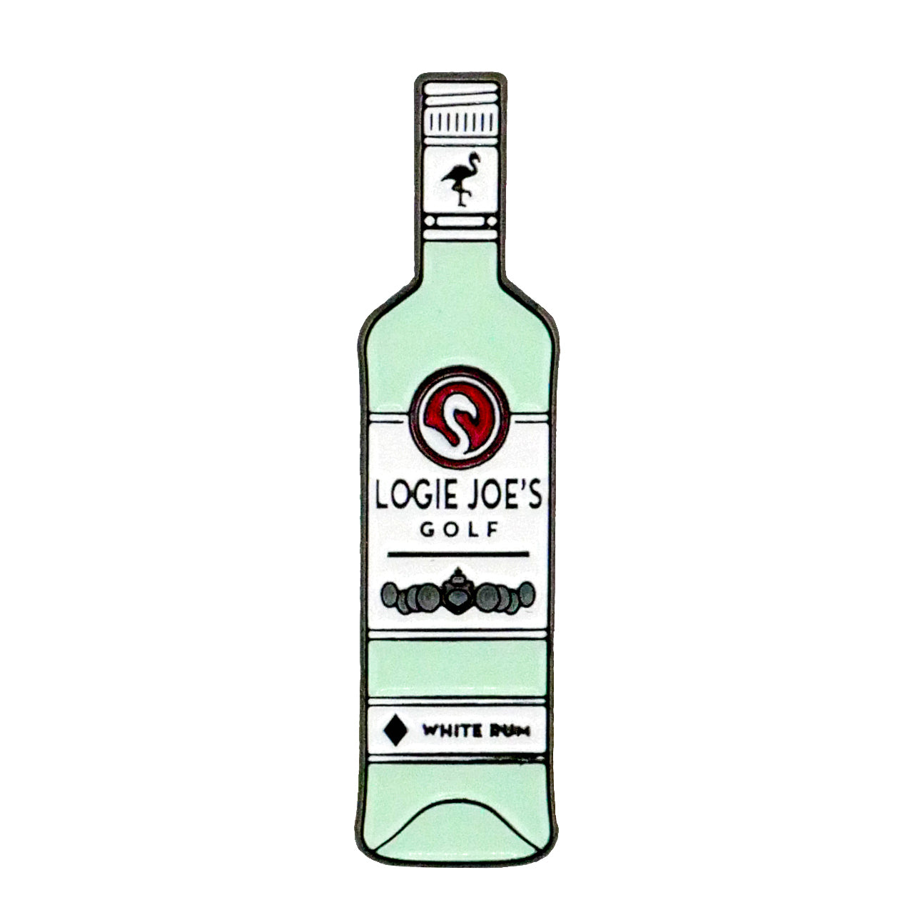 Illustration of a green-tinted bottle labeled Logie Joe's Golf with a flamingo logo on the neck, and a bottom label reading "White Rum Ball Marker." The background is white.