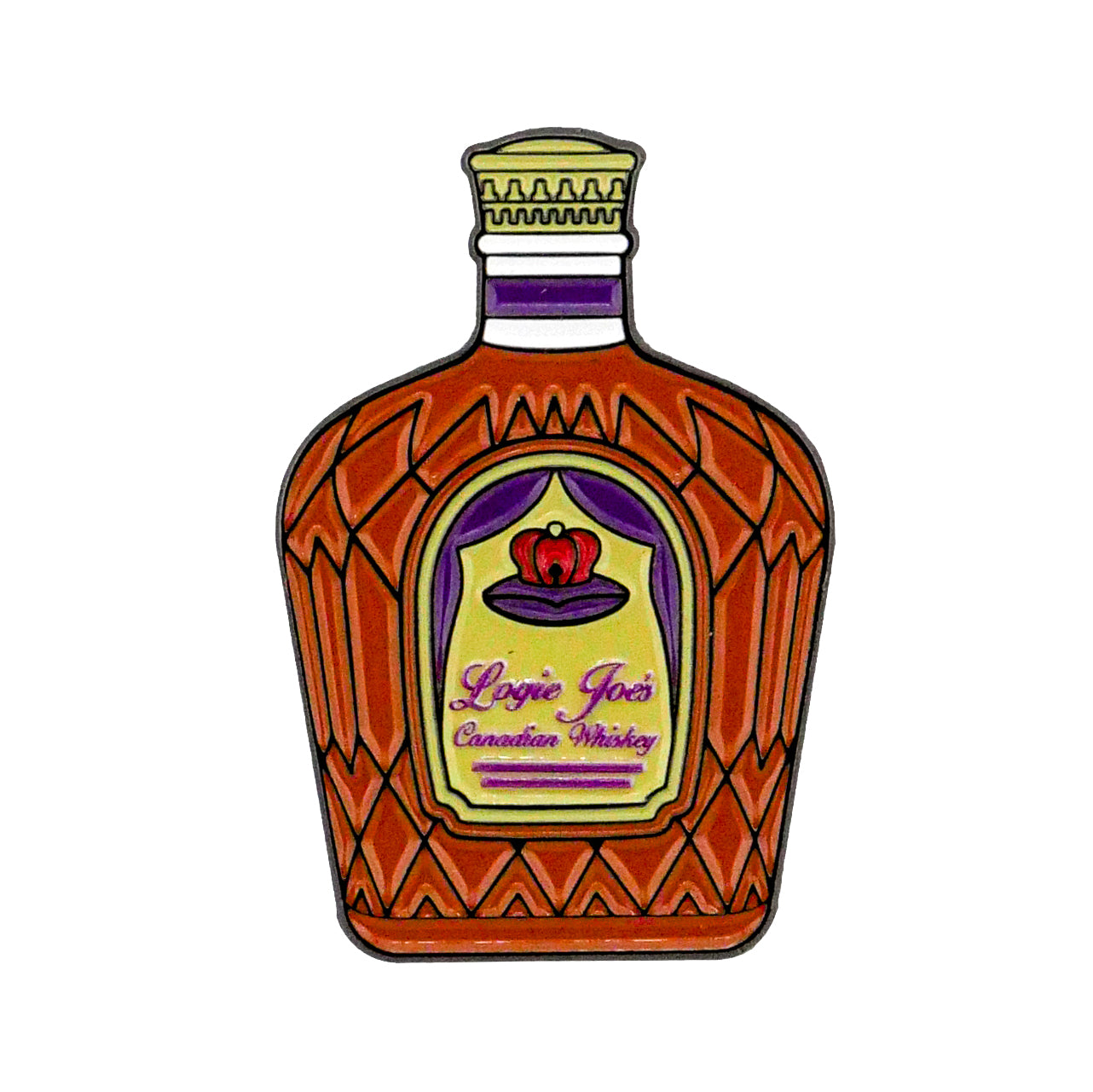 An illustrated Canadian Whiskey Ball Marker from Logie Joe's Golf, featuring a gold cap, purple and gold label, red crown emblem above the brand name, and a faceted diamond-like bottle design.