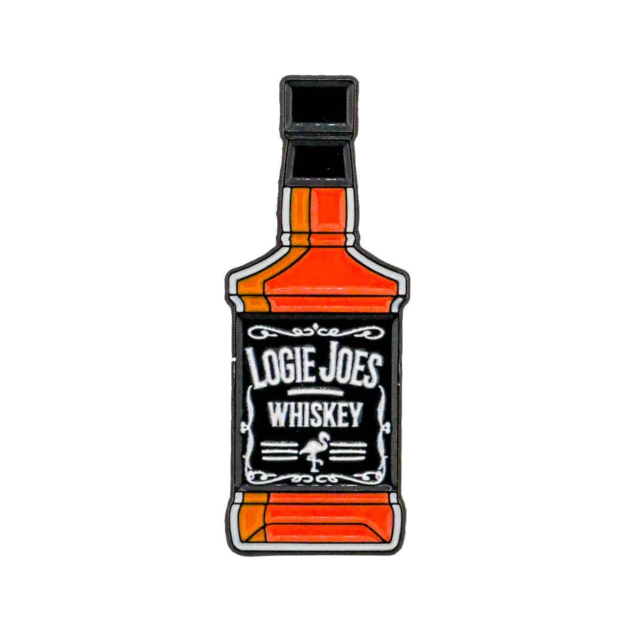 An illustration of a whiskey bottle ball marker with a black label reading "Logie Joe's Golf" in white letters. The product, named American Whiskey Ball Marker, features an amber-colored design and a black cap.