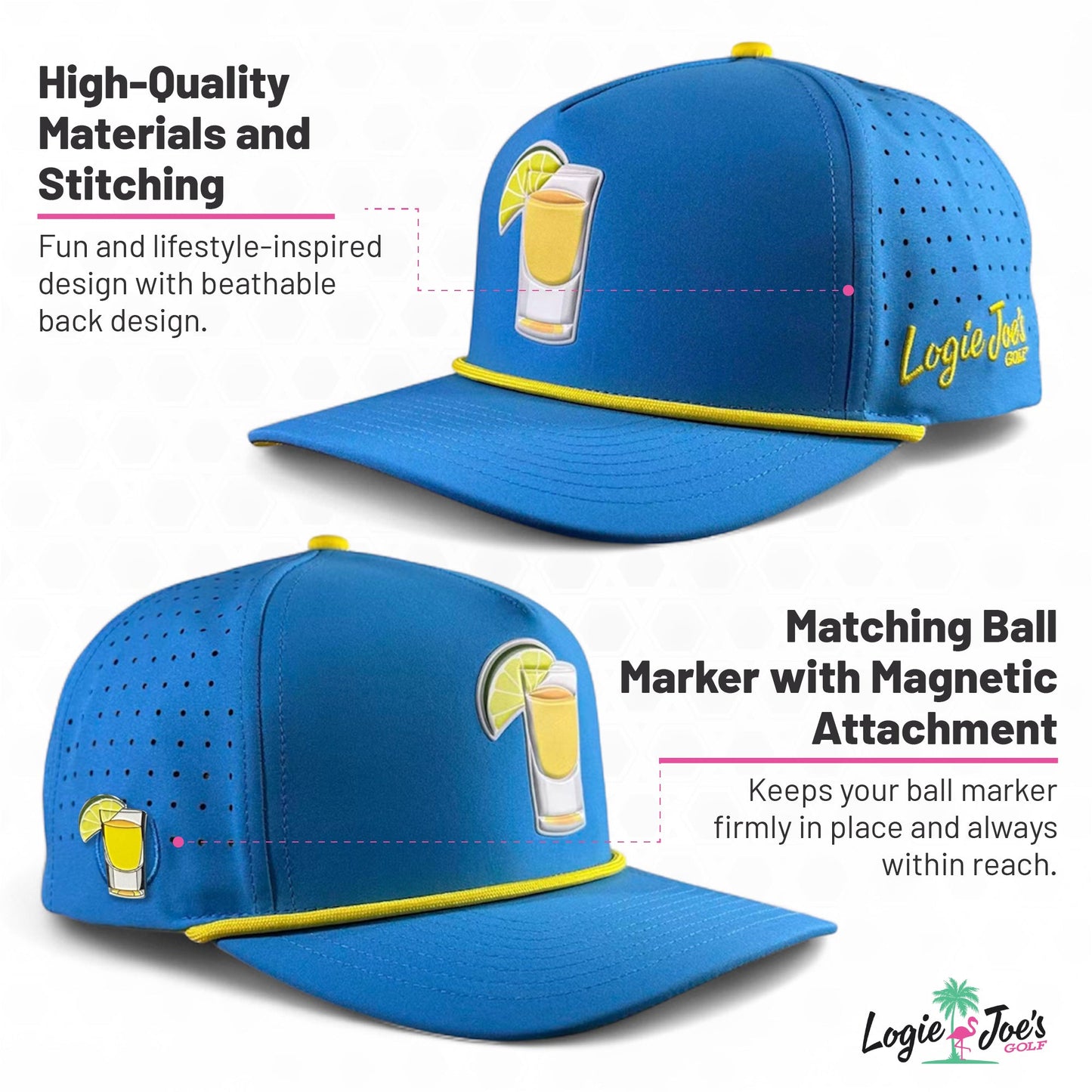 Logie Joe’s Golf Mountain Moonrise Golf Hat is a blue and yellow snapback cap featuring a lemon drink graphic, breathable back, and built-in magnetic ball marker holder with marker included. Crafted from high-quality materials, this outdoor golf hat combines a fun design with an adjustable fit for comfort and the convenience of a practical ball marker feature.