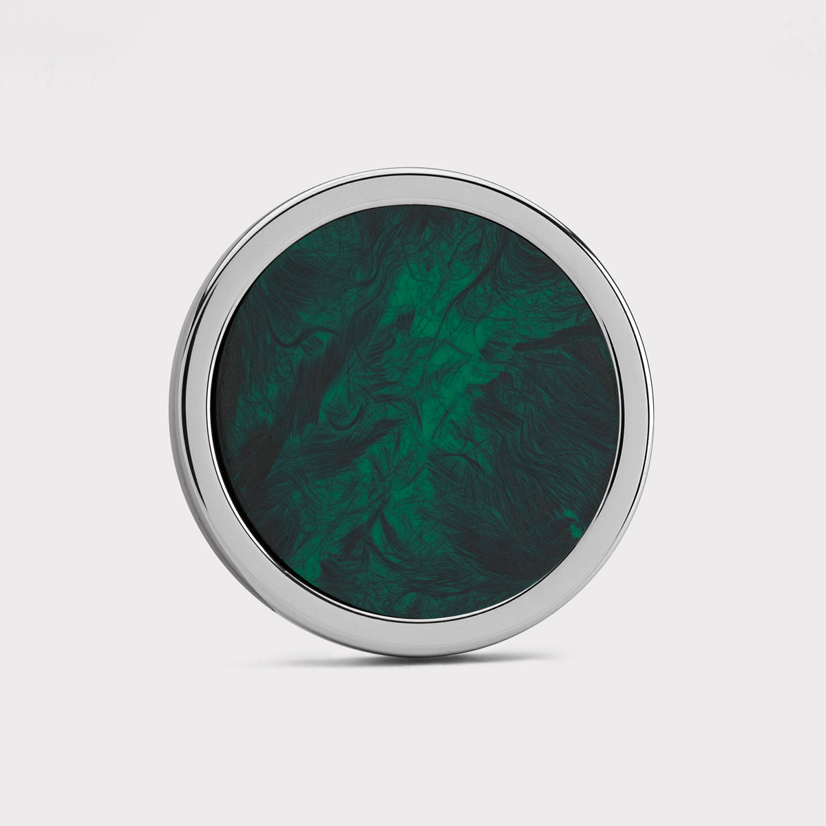 The Venom by Doubloon features a lightweight Titanium build, a glossy silver rim, and a dark green swirling marbled center, displayed on a plain white background.