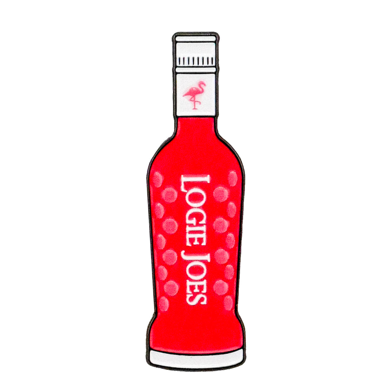 A Pink Vodka Ball Marker from Logie Joe's Golf, featuring white "LOGIE JOES" vertical lettering, white dots, and a small flamingo graphic near the top, all shown on a white background.