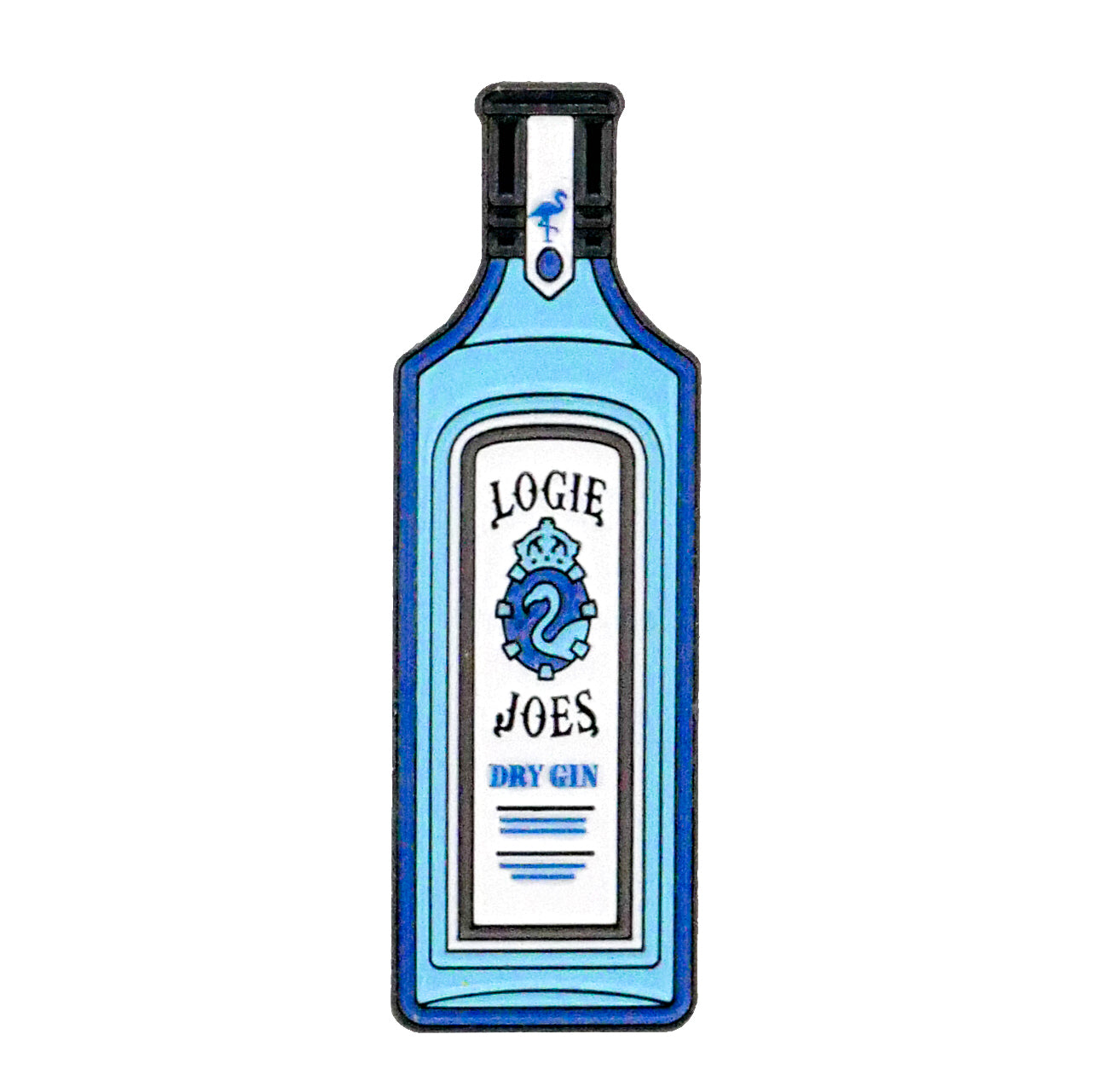 A blue Gin Ball Marker by Logie Joe's Golf featuring a central blue seahorse logo with black, blue, and white details. The marker is round and flat with the brand name displayed prominently.
