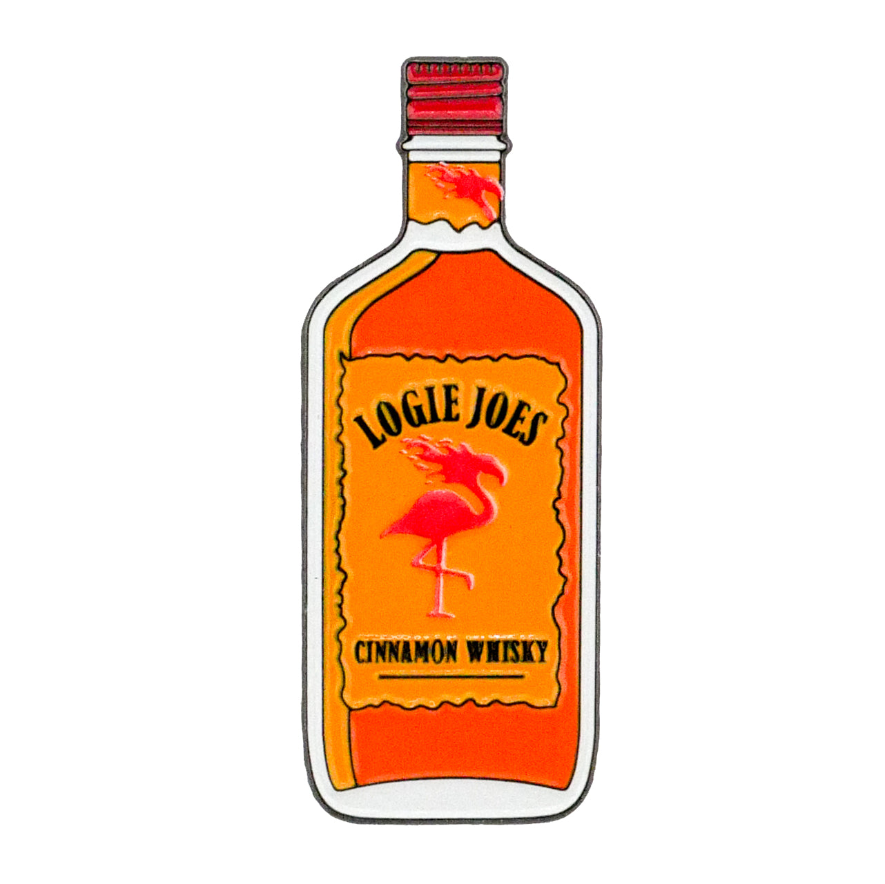 A cartoon-style illustration of a Cinnamon Whiskey Ball Marker by Logie Joe's Golf, featuring an orange bottle and a red flamingo logo.