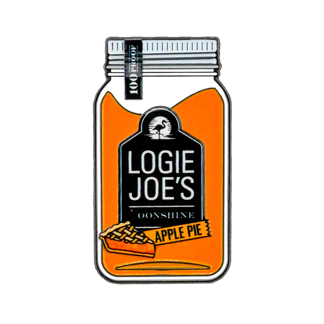 A jar-shaped label for Logie Joe’s Golf Moonshine Ball Marker, featuring an orange liquid, a slice of apple pie, and text that reads “100 Proof” and “Apple Pie.”.