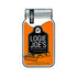 A jar-shaped label for Logie Joe’s Golf Moonshine Ball Marker, featuring an orange liquid, a slice of apple pie, and text that reads “100 Proof” and “Apple Pie.”.