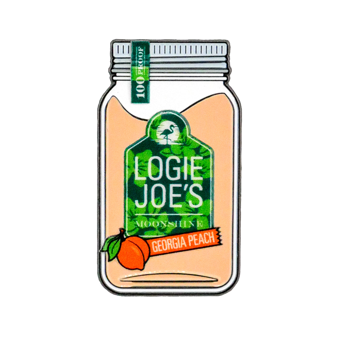 Illustration of a mason jar labeled Logie Joe's Golf, Moonshine Ball Marker, with a green cap, a peach graphic, and "100 proof" on the top left corner of the jar.