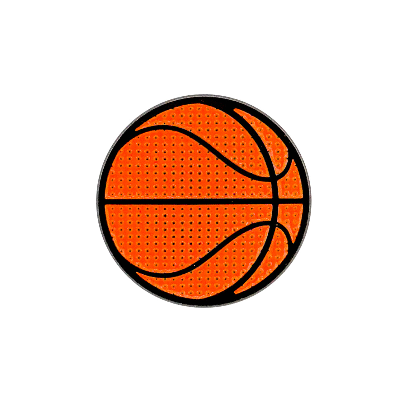 The Basketball Ball Marker by Ballmarkers.com features an orange design with black lines and textured dots, displayed on a plain white background.