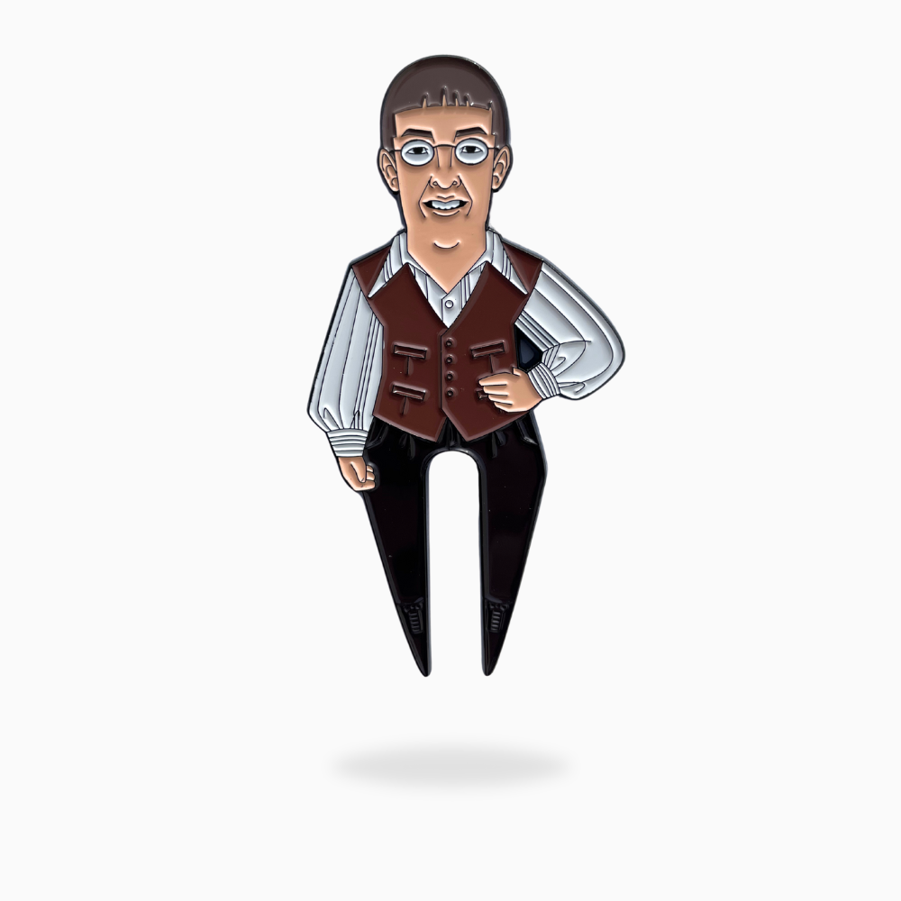 The Pin Creatures McLovin Divot Tool is a novelty golf accessory shaped like a cartoon man in glasses, white shirt, brown vest, and black pants, with one hand on his hip against a white background.