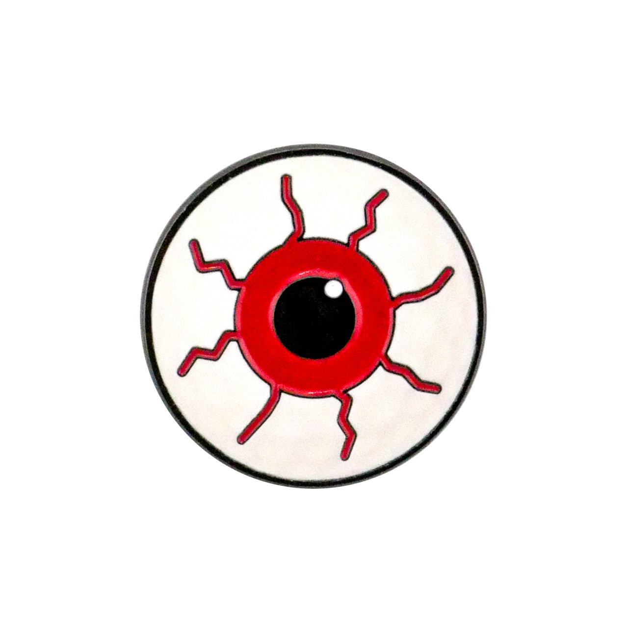 The I See Eyeball Ball Marker by Ballmarkers.com features a stylized eyeball with a red iris, black pupil, and red veins on a white background.