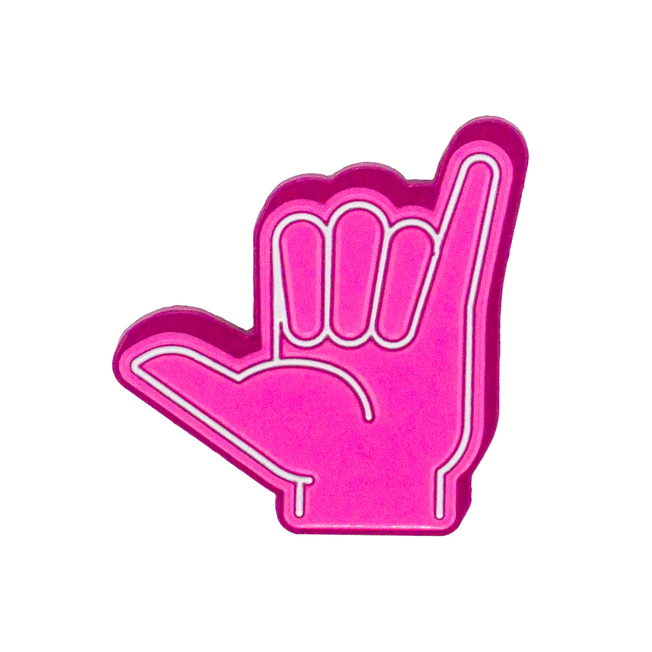 The Ballmarkers.com Foam Finger Shaka Ball Marker features a bright pink shaka sign—thumb and pinky extended, other fingers folded—outlined in white on a white background.